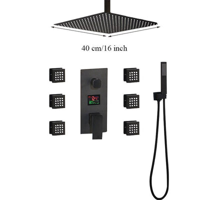 TOKYO-Black Square Ceiling Mount LED Temperature Thermostatic Control With 6 Body Jet Massage Sprayers Completed Shower Kit