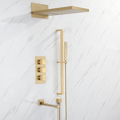 Brushed gold CSA Waterfall-Rain, Tub and hand Spray 4 way Function thermostatic shower kit
