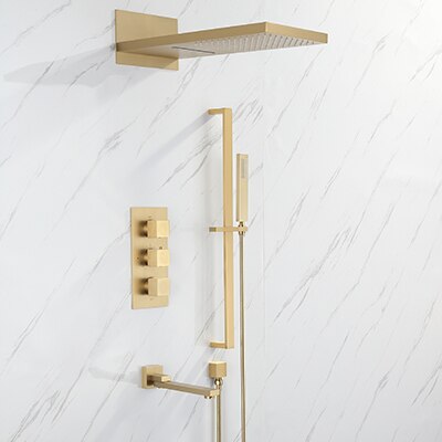 Brushed gold Waterfall-Rain, Tub and hand Spray 4 way Function thermostatic shower kit