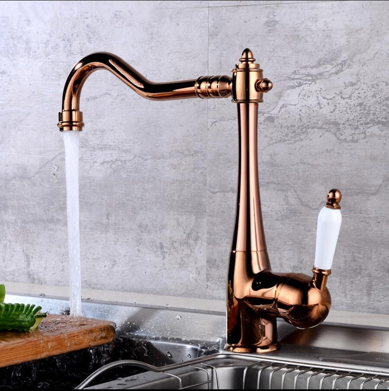 Victorian Rose gold with porcelain handle kitchen faucet