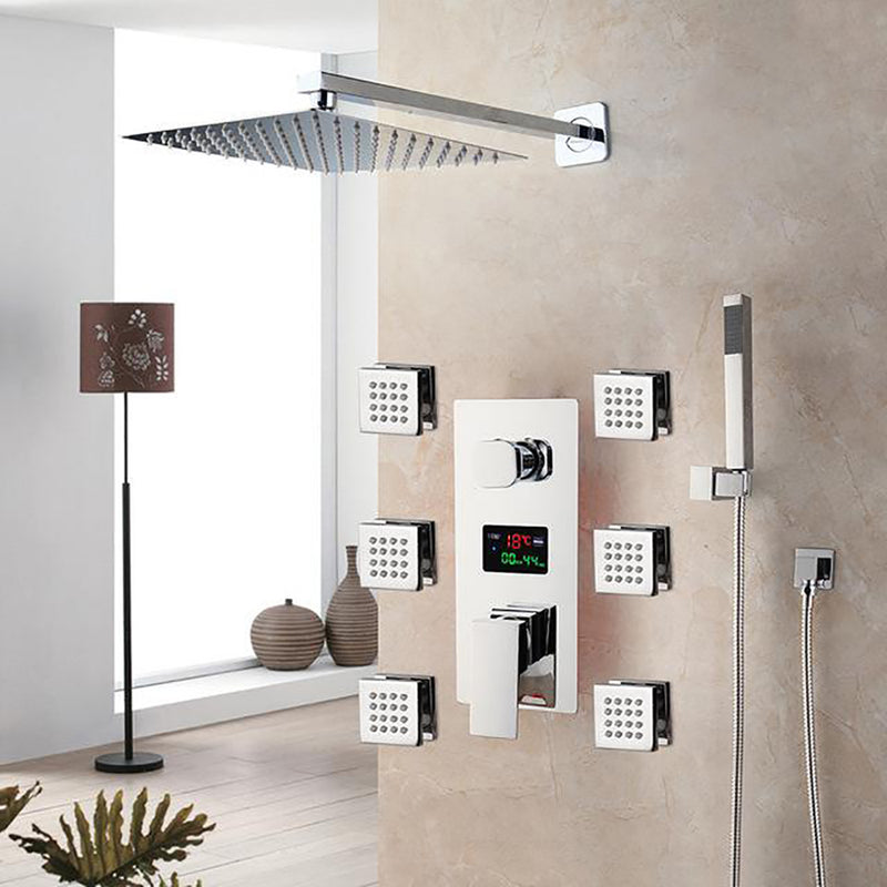 Chrome LED Rain Head 3 Way Mixer Valve Thermostatic Shower With 6 Body Massage and Jet Sprayer Completed Kit