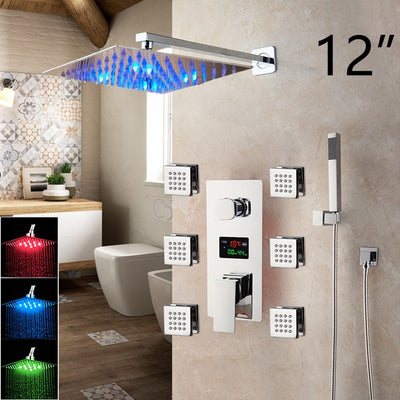 Chrome LED Rain Head 3 Way Mixer Valve Thermostatic Shower With 6 Body Massage and Jet Sprayer Completed Kit