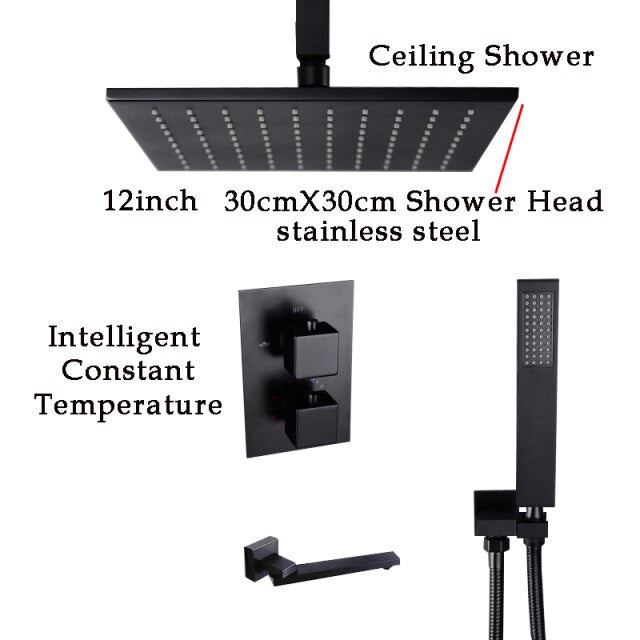 Black square 2 and 3 way function thermostatic shower kit