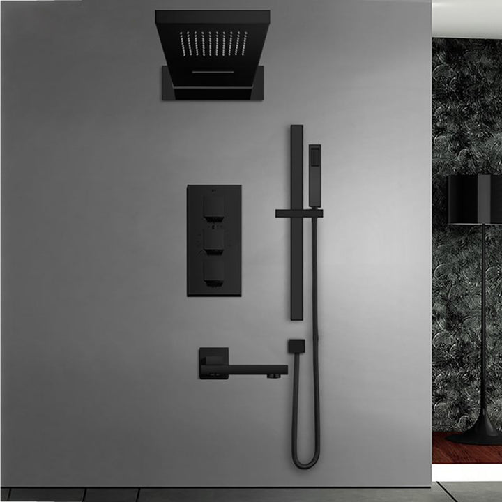 CSA-Black Thermostatic Waterfall Head Wall Holder Mixer Tap Bath 4-way Thermostatic Shower kit