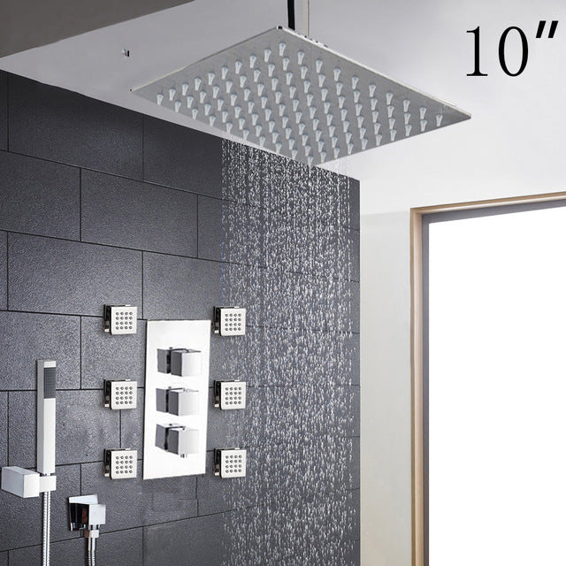 Chrome CSA Certified- Square Rainfall Thermostatic Valve Mixer Tap W/ 6 Message Jets Shower Mixer Set