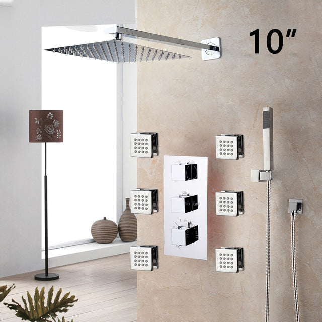 Chrome CSA Certified- Square Rainfall Thermostatic Valve Mixer Tap W/ 6 Message Jets Shower Mixer Set