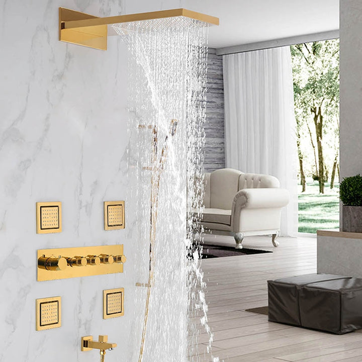 Gold polished - Waterfall- Rain Head Shower Thermostatic 4 Way Complete System Set