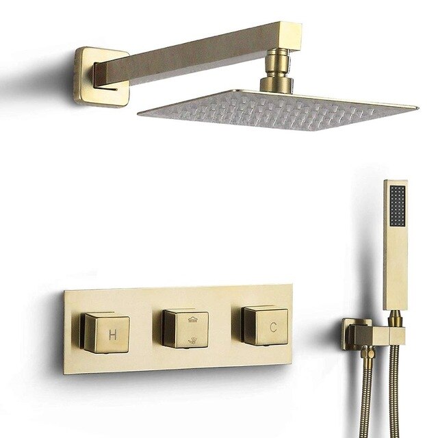 Brushed Gold Square Handles and 8 or 10 Inch Rain Head 2 Way Mixer Thermostatic Shower Kit