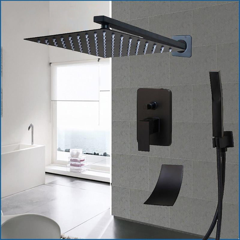 Black 3 Way Mixer Diverter Shower With Square Rain Head and Waterfall Tub Faucet