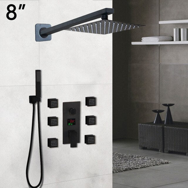 Black LCD Temperature Control Display 3 Way Mixer Valve Shower With 6 Body Sprayer Massage Jet Kit