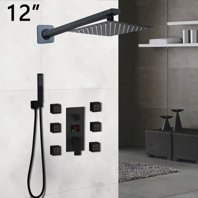 Black LCD Temperature Control Display 3 Way Mixer Valve Shower With 6 Body Sprayer Massage Jet Kit