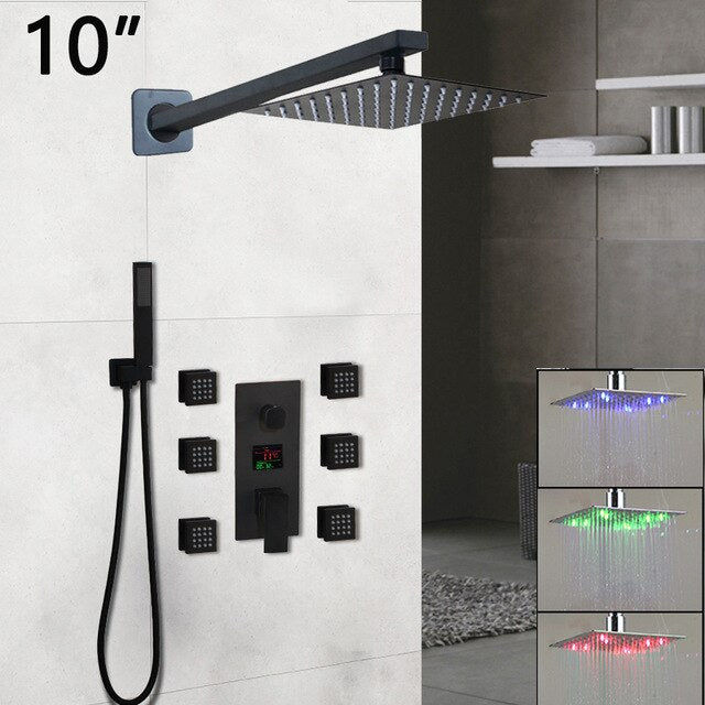 Black LCD Temperature Control Display 3 Way Mixer Valve Shower With 6 Body Sprayer Massage Jet Kit