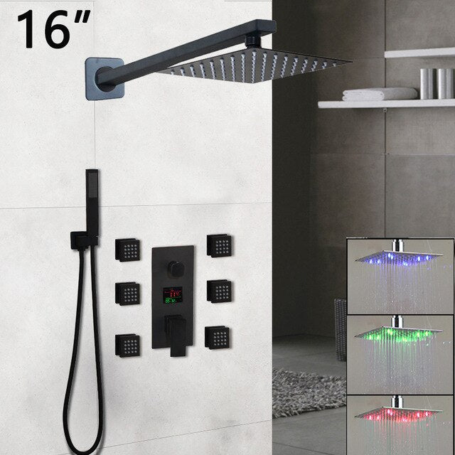 Black LCD Temperature Control Display 3 Way Mixer Valve Shower With 6 Body Sprayer Massage Jet Kit