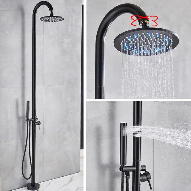 Black Outdoor 2 Way Shower Floor Standing swimming pool with 10 Inch Round LED Rain Head
