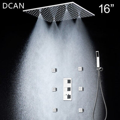 Chrome 20'' Shower Rain Head Sprayer 2 Way Mode Mixer Thermostatic Shower System With 6 Body Jets Sprayers Kit