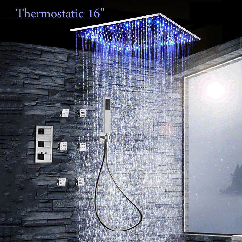 Chrome Square 16" LED Rain Ceiling Shower Head Faucet 6 Massage Jet System Kit