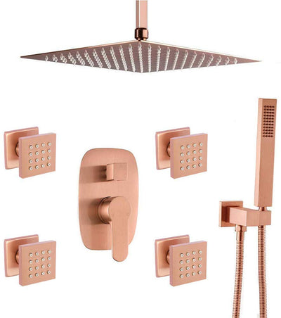 Copper Satin Shower Kit with 12" Rain Shower Head Set and 4 Body Jets