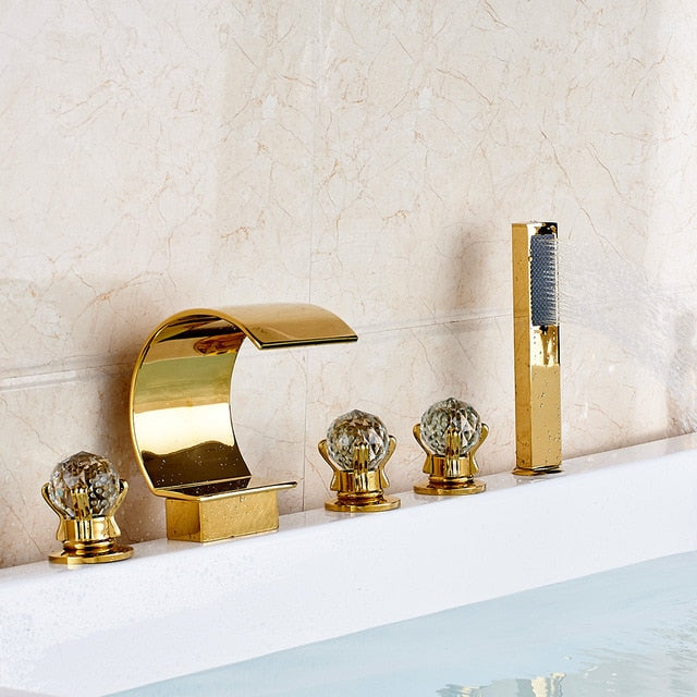 Gold Waterfall With Crystal Handles 5 Pieces Deck Mount Bathtub Filler Completed Set