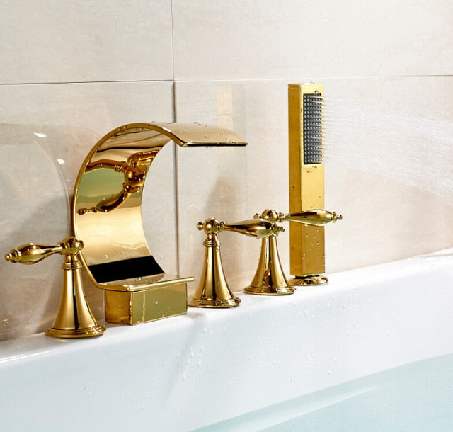 Gold Waterfall With Crystal Handles 5 Pieces Deck Mount Bathtub Filler Completed Set