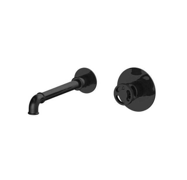 Matte Black Wall Mounted Round Wheels Handles Lavatory Faucet