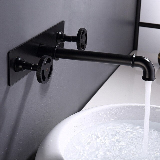 Matte Black Wall Mounted Round Wheels Handles Lavatory Faucet