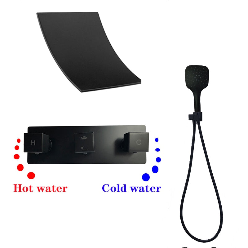 Matte Black Waterfall-Hand Spray Bathtub Filler Faucet 2 way function thermostatic