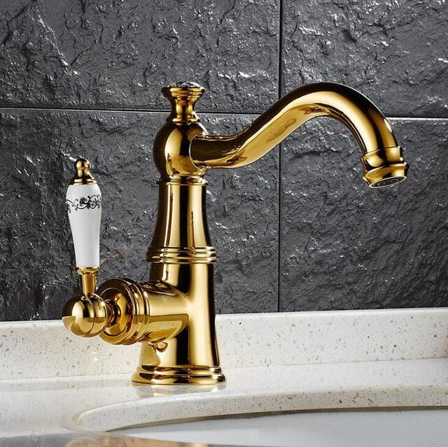 Gold Antique Victorian With Porcelain handle Single Hole Lavatory Faucet