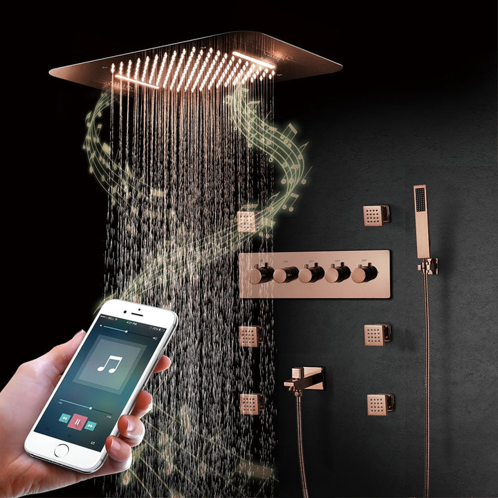 Lisse-Rose Gold Spa Luxury Ceiling Rain Head 23"x15" With Waterfall, Mist Spray and Thermostatic Hand Held Spray X 6 jets shower system