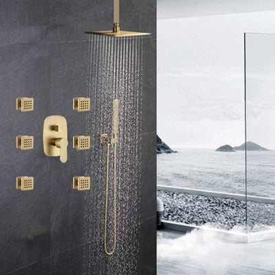 Brushed Gold - Square 12 Inch Rain Head 3 Way Diverter Shower with 6  Body Jets Massage Sprayer Completed Set