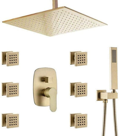 Brushed Gold - Square 12 Inch Rain Head 3 Way Diverter Shower with 6  Body Jets Massage Sprayer Completed Set