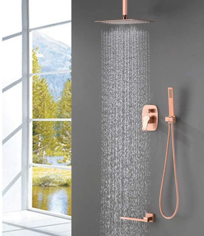 Copper Satin Square Ceiling mount 12 Inch Rain Head 3 Way Function Diverter Pressure Balance Shower Kit