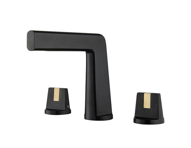Black with Brushed Gold two Tone 8 Inch Wide spread bathroom faucet