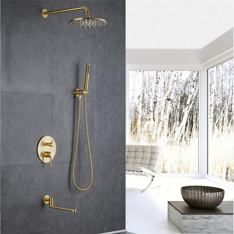 CSA Certified-Brushed Gold Round 10 Inch Rain Head 3 Way Diverter & Tub Filler Shower Kit