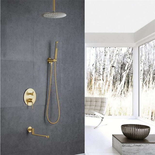 CSA Certified-Brushed Gold Round 10 Inch Rain Head 3 Way Diverter & Tub Filler Shower Kit