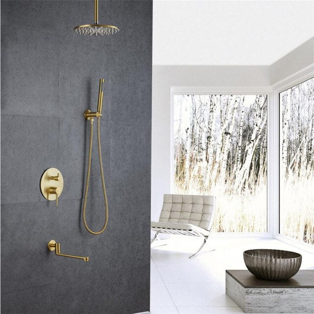 CSA Certified-Brushed Gold Round 10 Inch Rain Head 3 Way Diverter & Tub Filler Shower Kit