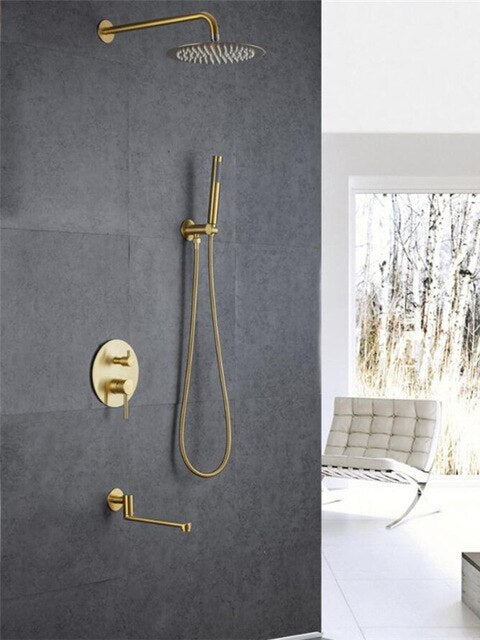CSA Certified-Brushed Gold Round 10 Inch Rain Head 3 Way Diverter & Tub Filler Shower Kit