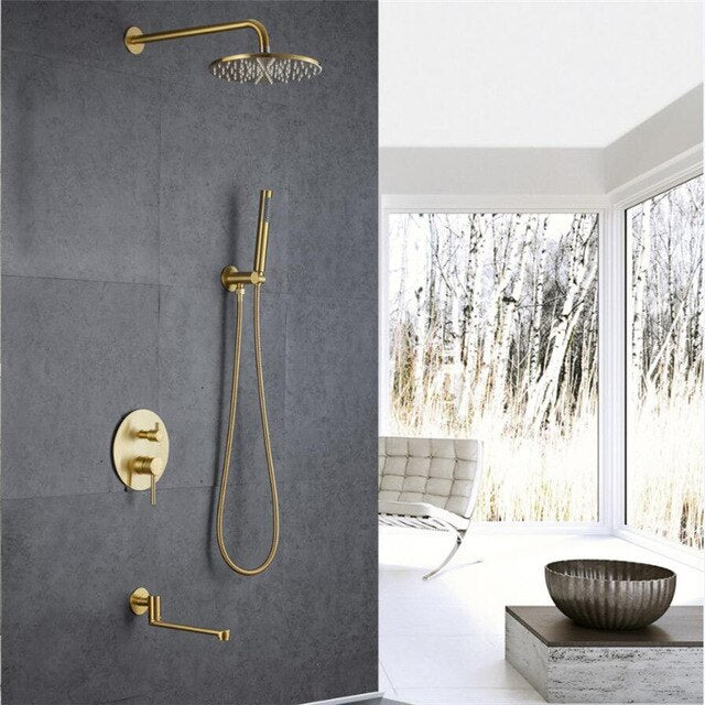 CSA Certified-Brushed Gold Round 10 Inch Rain Head 3 Way Diverter & Tub Filler Shower Kit