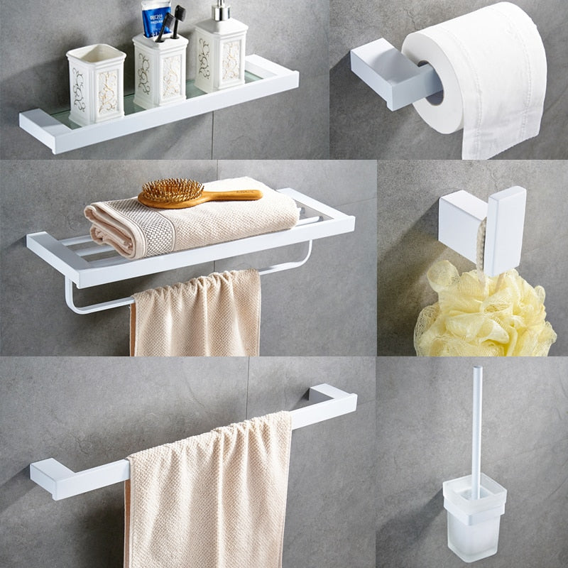White Matte Bathroom Accessories- towel bar, toilet paper holder,hooks