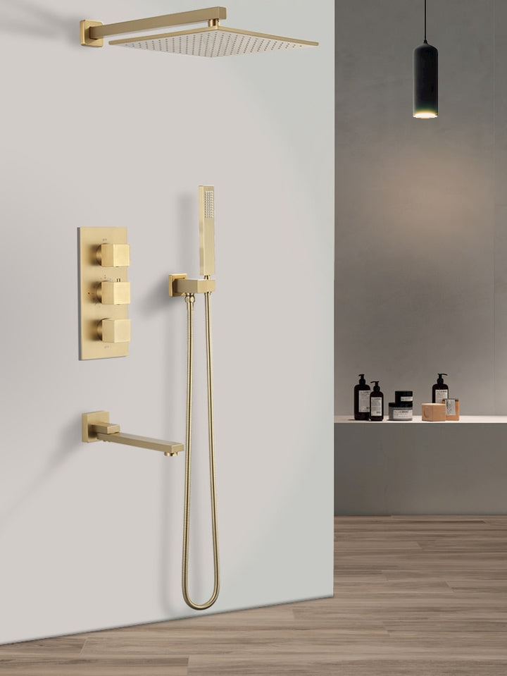 Brushed Gold CSA Thermostatic Rain and Tub Filler 3 Way Diverter Shower Kit