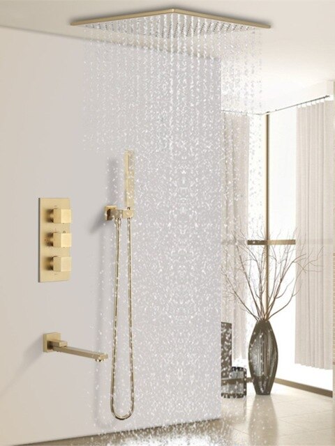 Brushed Gold CSA Thermostatic Rain and Tub Filler 3 Way Diverter Shower Kit