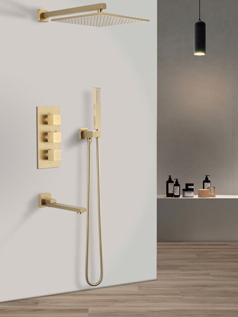 Brushed Gold Thermostatic Rain and Tub Filler 3 Way Diverter Shower Kit