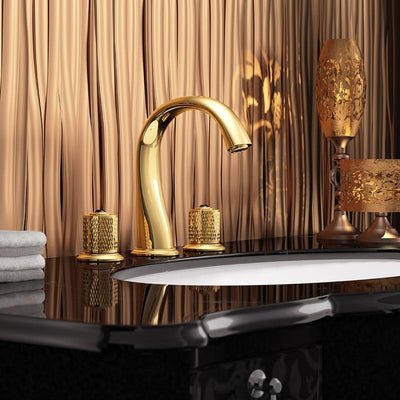 Two tone gold and black 8" inch wide spread bathroom faucet