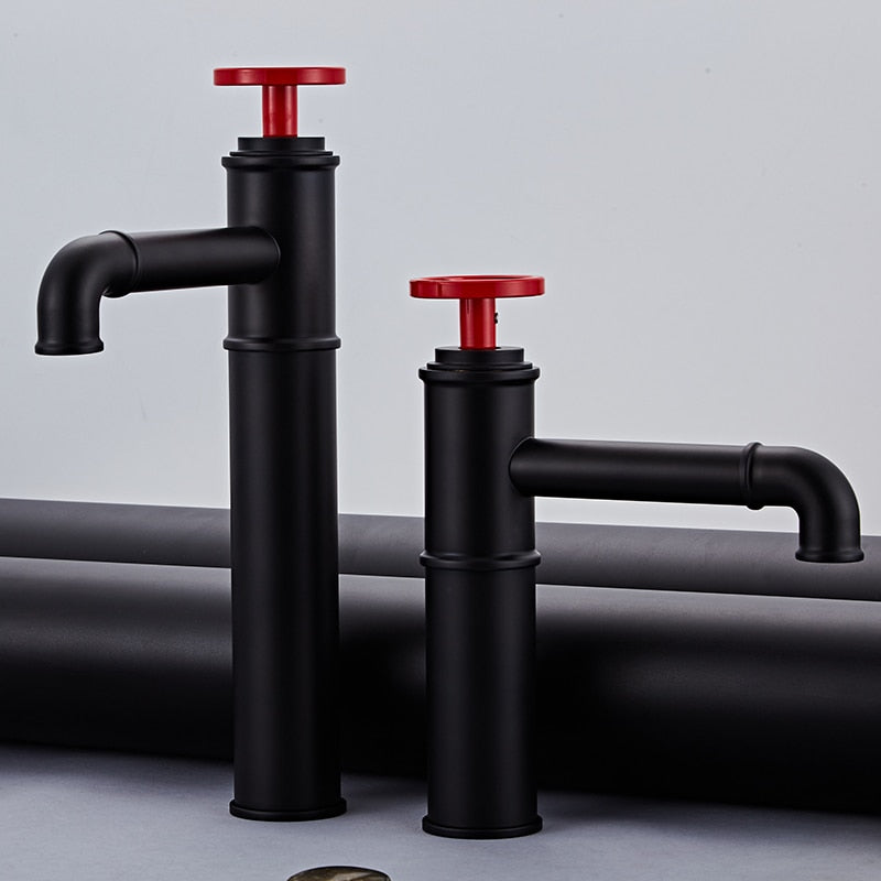 Black With Red Industrial Victoria Single Hole Tall and Short Bathroom Faucet