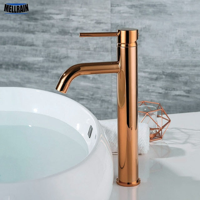 Brushed gold tall and short single hole bathroom faucet