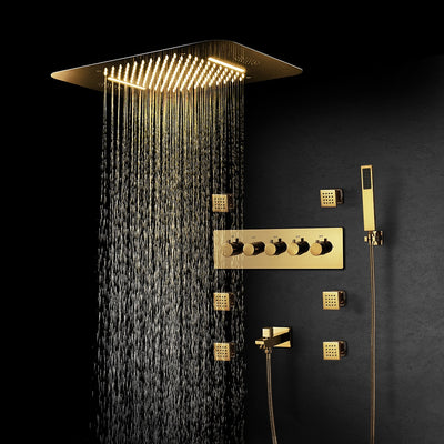 Gold Polished brass 23"x15" Rain Shower Spa Systems Bluetooth Music LED Shower Head Waterfall  Thermostatic Concealed Mixer Shower Speaker