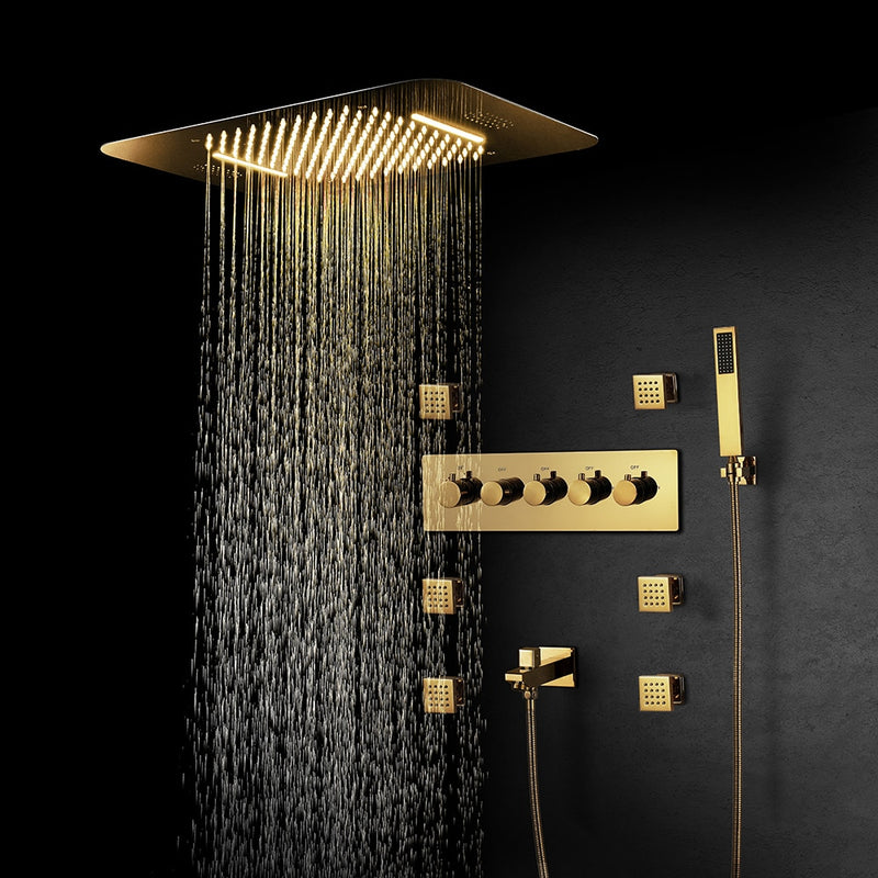 Gold Polished brass 23"x15" Rain Shower Spa Systems Bluetooth Music LED Shower Head Waterfall  Thermostatic Concealed Mixer Shower Speaker