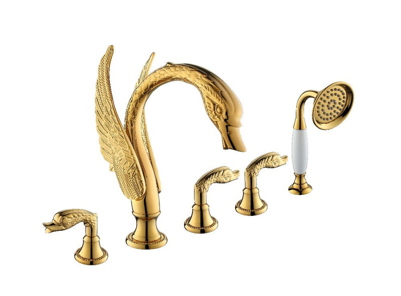 Swan Gold polished pvd platted 5 pieces deck mount bathtub filler faucet kit