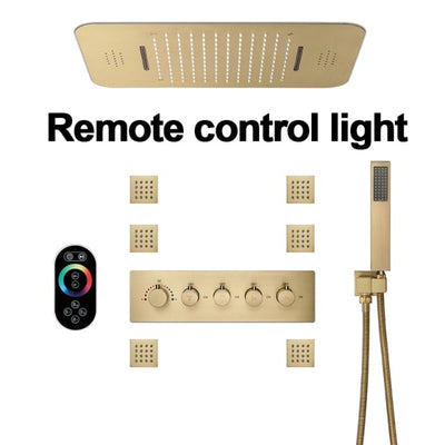 Brushed Gold Thermostatic Bluetooth Music Shower System Smart LED 23"x15" Ceiling Rain Shower Panel 5 function diverter, hand spray and 6 jet massage spray spa system set