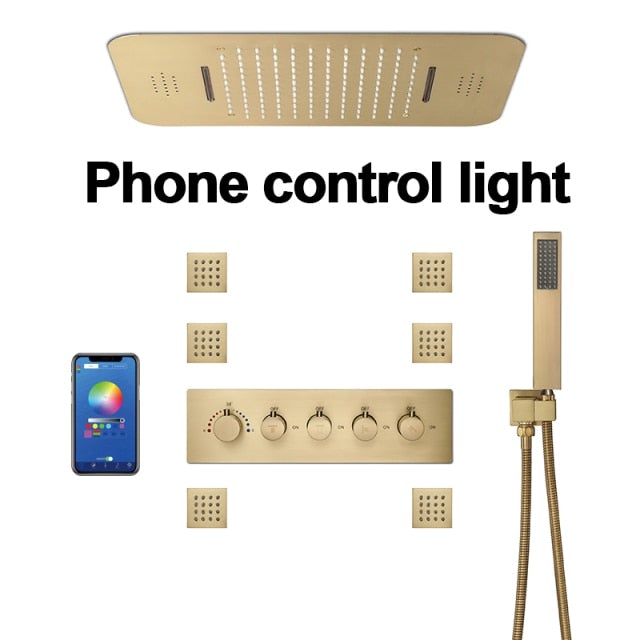 Brushed Gold Thermostatic Bluetooth Music Shower System Smart LED 23"x15" Ceiling Rain Shower Panel 5 function diverter, hand spray and 6 jet massage spray spa system set