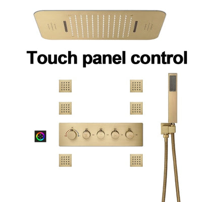 Brushed Gold Thermostatic Bluetooth Music Shower System Smart LED 23"x15" Ceiling Rain Shower Panel 5 function diverter, hand spray and 6 jet massage spray spa system set